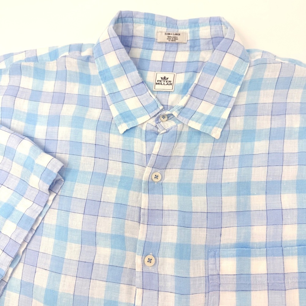 Peter Millar Mens XL Gingham 100% Linen Short Sleeve Button Down Shirt